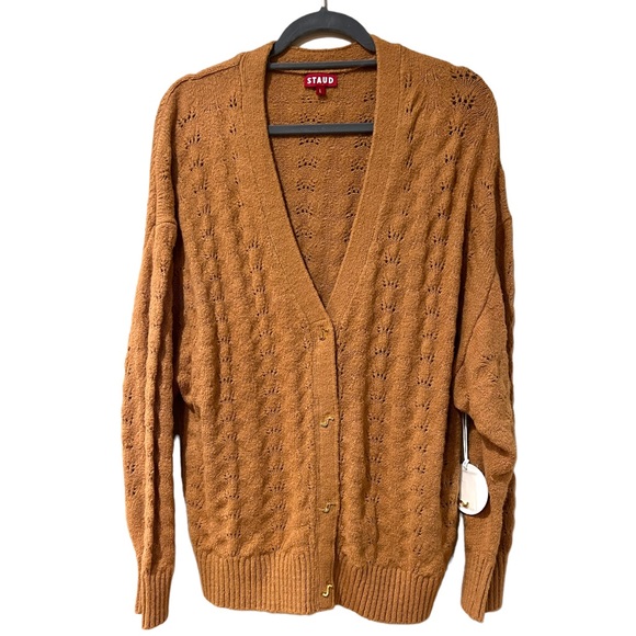 Staud Blake Oversized Pointelle Knit Cardigan Sweater in Whiskey (L) - Picture 6 of 14